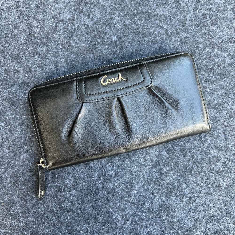 COACH Black Accordion Zip Wallet with Purple Lining